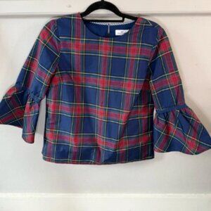 Vineyard Vines Plaid Shirt with Flared Ruffle Sleeves Navy Red Christmas Style